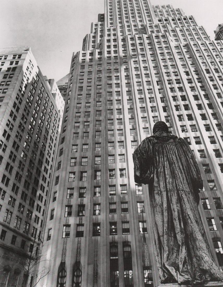 BERENICE ABBOTT- John Watts Statue, from Trinity: Artist: BERENICE ABBOT Print Title: John Watts Statue, from Trinity Church Looking Toward One Wall Street, NYC Medium: Photo-lithograph Printed in: The USA, 1970’s Image Size: approx. 10.5 x 8.5”