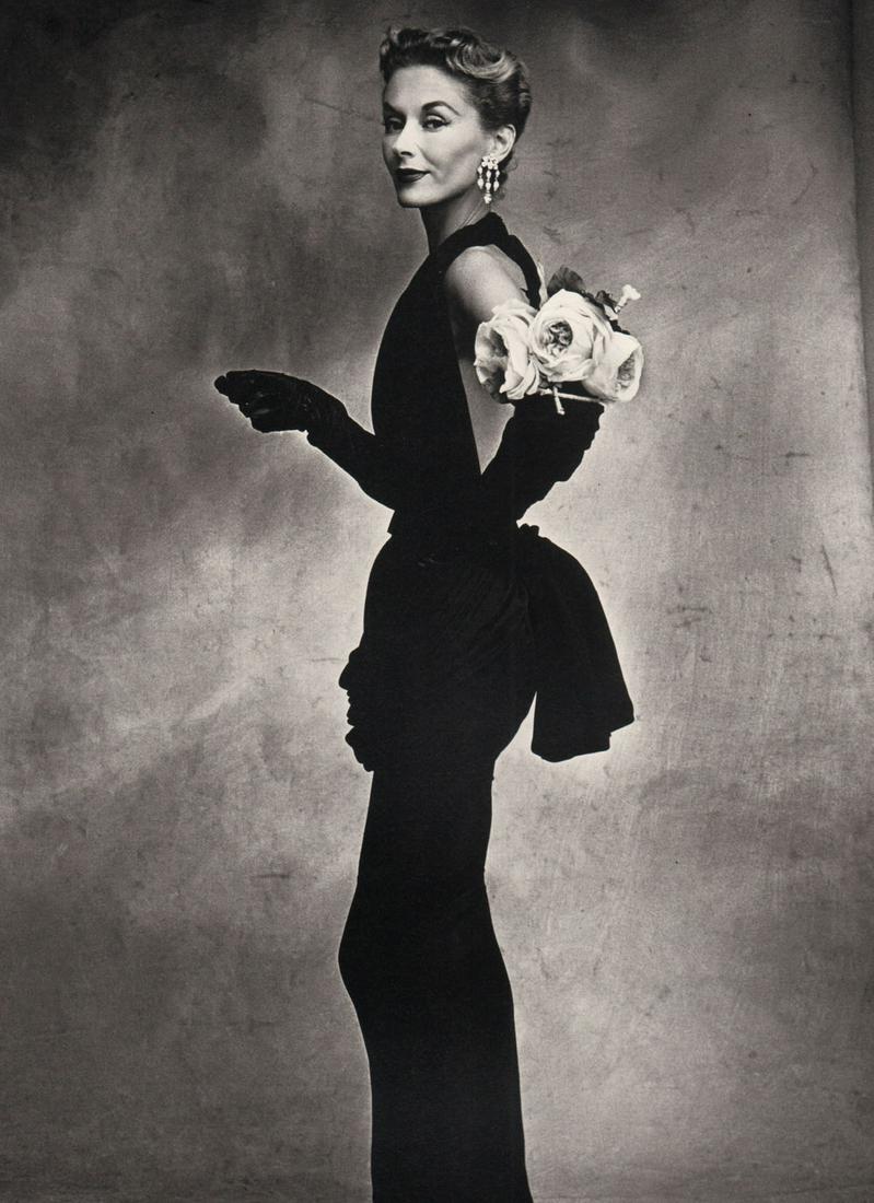 IRVING PENN - Woman with Roses, Lisa Fonssagries-Penn: Artist: IRVING PENN Print Title: Woman with Roses, Lisa Fonssagries-Penn in Lafaurie dress, 1950 Medium: Quad-tone Photoengraving Printed 1990’s in the US Image size (inches) approx. 9.5 x 7” Irvi
