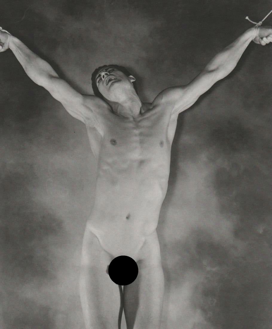 GEORGE PLATT LYNES - Male Nude Hanging, 1940: Artist: GEORGE PLATT LYNES Print Title: Male Nude Hanging, 1940 Medium: Duotone Photoengraving Printing Date: 1990;s Printed in USA Image Size: 8.5 X 7” George Platt Lynes (1907-1955).was an America