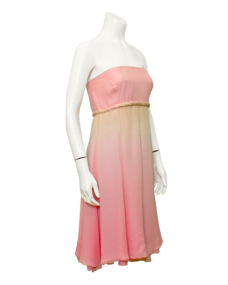 John Anthony Pink Strapless Ombre Chiffon Dress: Youthful strapless silk chiffon cocktail dress from John Anthony 1980's. The chiffon is ombre dyed showing a graduation from pink to yellow and back to pink again. Great look for resort evenings with