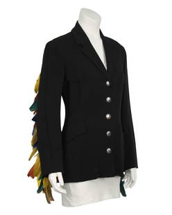 Rifat Ozbek Black Blazer with Feathers: Incredible black gabardine Ozbek blazer from the 1980's. Tailor fitted jacket features notched lapels and 2 flap front pockets. Unique and exquisite row of metal ball beads and vibrant colorful feathe