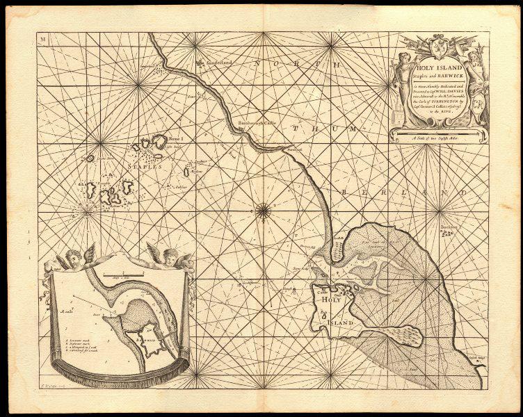 Holy Island, Staples & Barwick' Lindisfarne Farne Is: TITLE/CONTENT OF MAP: 'Holy Island Staples and Barwick - Is most humbly dedicated and presented to Capt. Will. Davies Vice Admirall to the Rt. Honorable the Earle of Torrington by Capt. Greenvile Coll