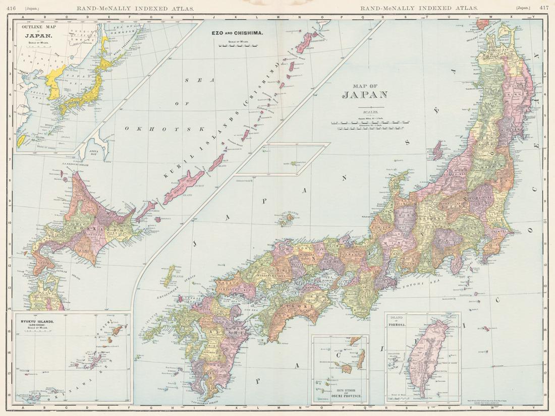 Rand, McNally & Co.'S Indexed Atlas of the World Map of: Title/Content of Map: Rand, McNally & Co.'S Indexed Atlas of the World Map of Japan. Date: c1902 Cartographer: RAND, MCNALLY & CO. Publisher: RAND, MCNALLY & CO. Size: Height - Width Detailed double-p