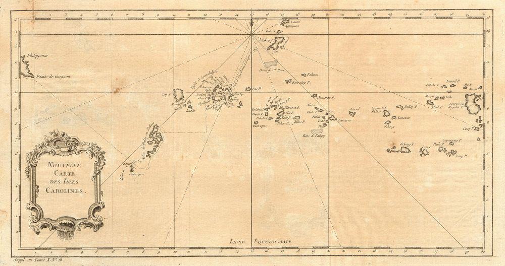 Nouvelle Carte des Isles Carolines' Islands. Micronesia: TITLE/CONTENT OF MAP: 'Nouvelles Carte des Isles Carolines [New map of the Caroline Islands]' DATE PRINTED: 1761 IMAGE SIZE: Approx 21.5 x 40.5cm, 8.5 x 16 inches (Large); Please note that this is a f