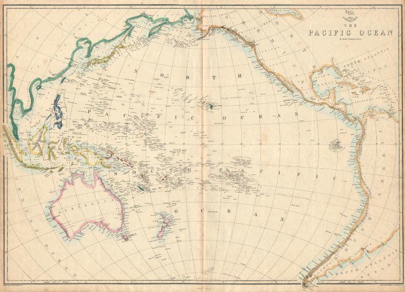 PACIFIC OCEAN Sandwich Islands/Hawaii Australia New: TITLE/CONTENT OF MAP: 'The Pacific Ocean' DATE PRINTED: 1863 IMAGE SIZE: Approx 47.0 x 65.0cm, 18.5 x 25.75 inches (Large); Please note that this is a folding map. TYPE: Antique map with original outl