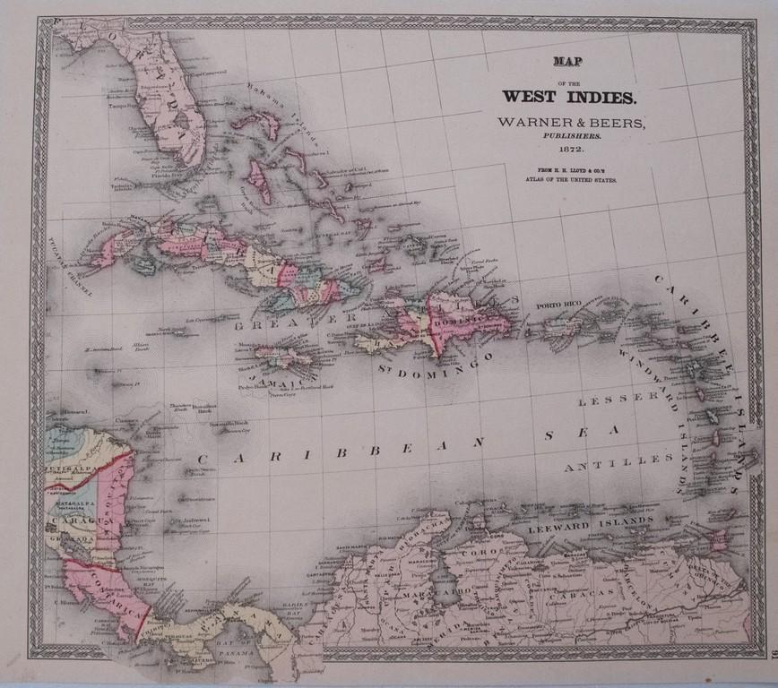 1872 Warner & Beers Map of the Caribbean -- Map of the: Title/Content of Map: 1872 Warner & Beers Map of the Caribbean -- Map of the West Indies Date: 1872, Chicago Cartographer: Warner & Beers Size: 15.7 x 13.8 in. A highly detailed map of the Caribbean, 