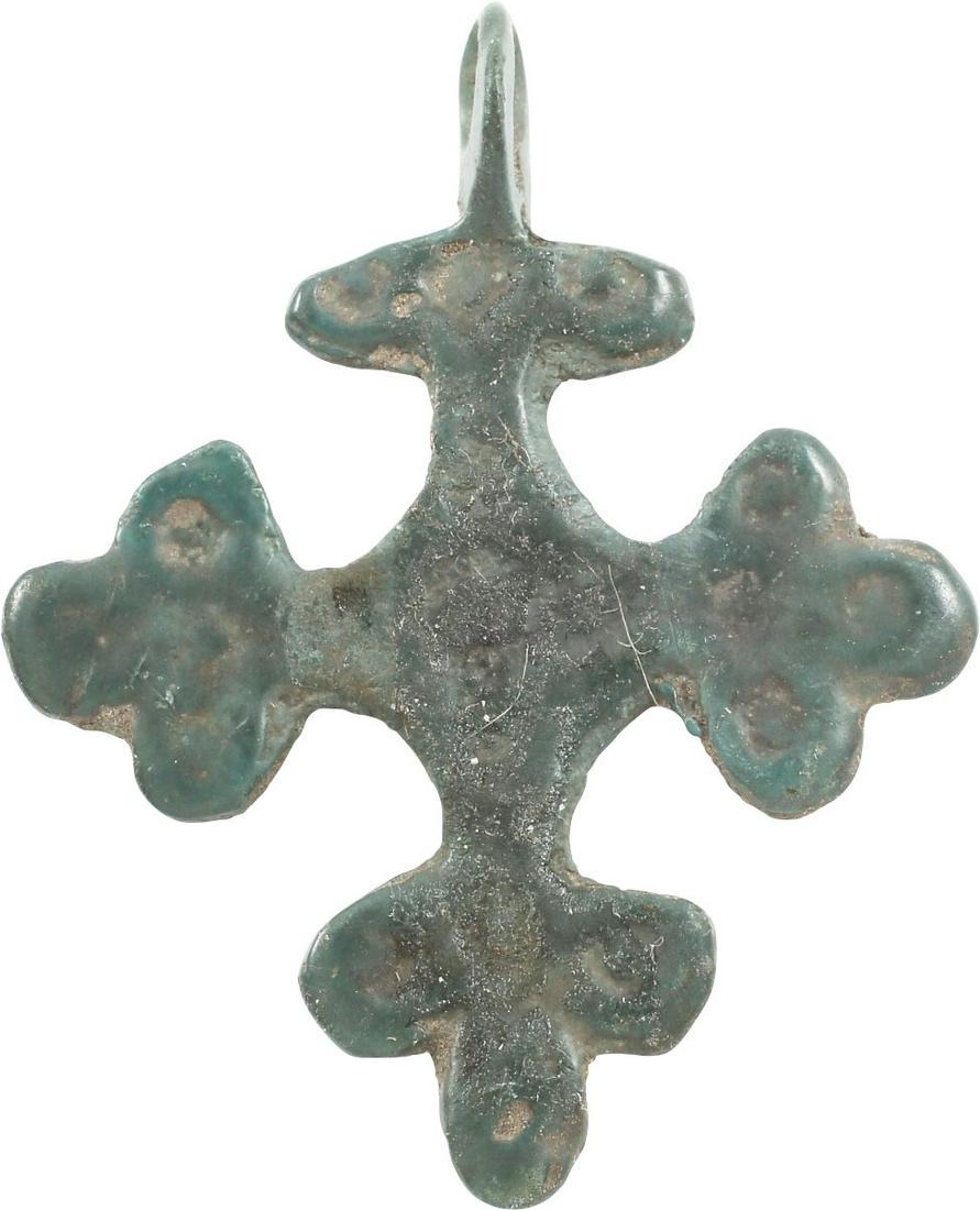 SPANISH CROSS 14th-16th CENTURY: High Gothic form and period of the Spanish Inquisition. Symmetrical with elegant trefoil beam tips with three circles representing the Trinity. The projections representing a cross bar, the Jerusalem 