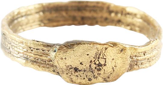 MEDIEVAL EUROPEAN WOMAN’S RING SIZE 1: C.1100-1300, Period of the Crusades. Small size 1+ for the small finger as was the custom in some areas. 2.4mm, double incised forming a triple band section. Integral rectangular bezel. Professionally