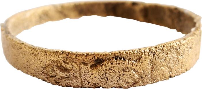 MEDIEVAL EUROPEAN WOMAN’S RING SIZE 7: c.1250-1450. Hundred Years War period. Size 7, 2.4mm, the width tapered from the bottom (1.7mm) to the top (3.4mm). The top with a decorative motif including a fleur de lis.. Professionally refurbishe