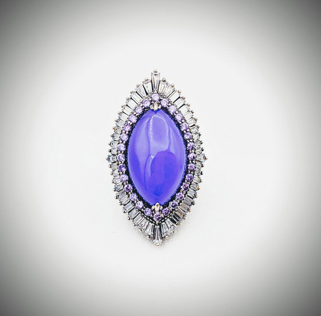 Sz 7 Marquise Shaped Violet Jade Cocktail Ring w CZs & (1 of 3)