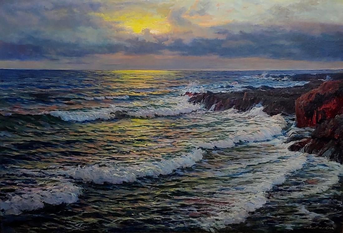 1920s Oil Painting, Seascape Magic Sunset by Vartan: Vartan Mahokian - Seascape Magic Sunset - Oil painting - c.1920s Dimensions: 43?W × 4?D × 34?H Period: 1920s Item Type: Vintage, Antique or Pre-owned Condition: Very Good Condition, Original Conditi