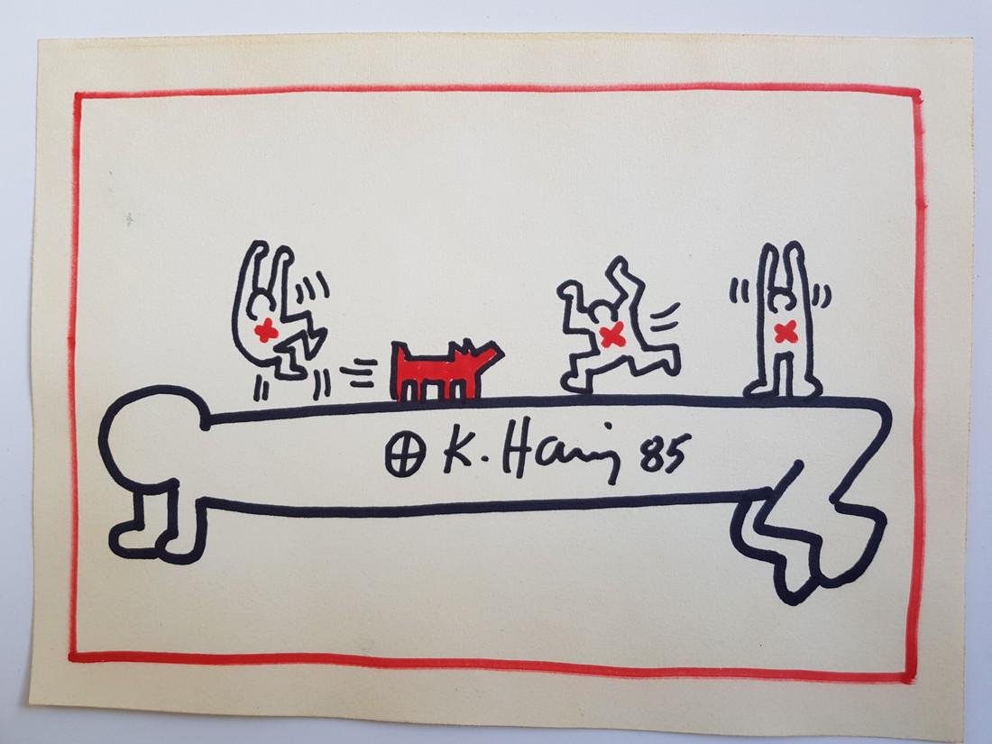 (after) K. Haring ,marker on paper: Signed K. Haring and dated 1985, original marker on paper, attributed to Keith HARING (American, 1958–1990).Measures sheet aprox 28cm x20,5cm.Used but in very good condition with signs of aging.See 