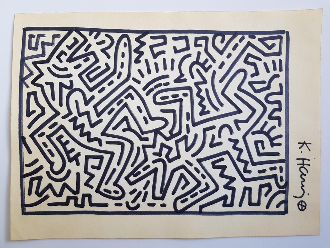 (after) K. Haring ,marker on paper: Signed K. Haring undated,original marker on paper, attributed to Keith HARING (American, 1958–1990).Measures sheet aprox 27,5cm x20cm.Used but in very good condition with signs of aging.See pictures