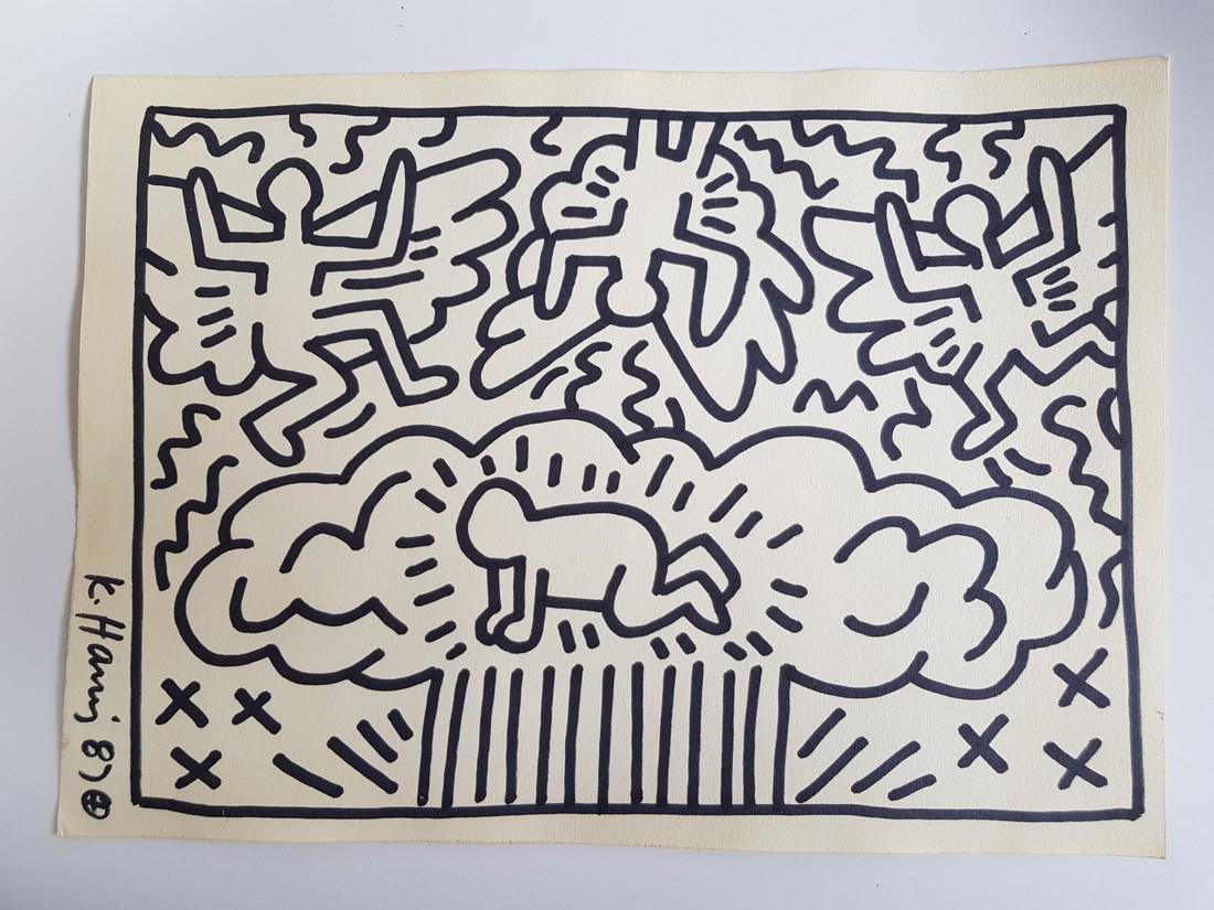 (after) K. Haring ,marker on paper: Signed K. Haring and dated 1987, original marker on paper, attributed to Keith HARING (American, 1958–1990).Measures sheet aprox 28cm x20cm.Used but in very good condition with signs of aging.See pi