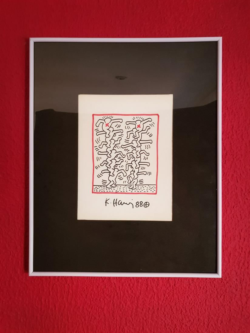 (after) K. Haring ,marker on paper: Signed K. Haring and dated 1988 original marker on glossy paper, attributed to Keith HARING (American, 1958–1990).Measures aprox 28 x21cm.Used but in very good condition with signs of aging.See pict
