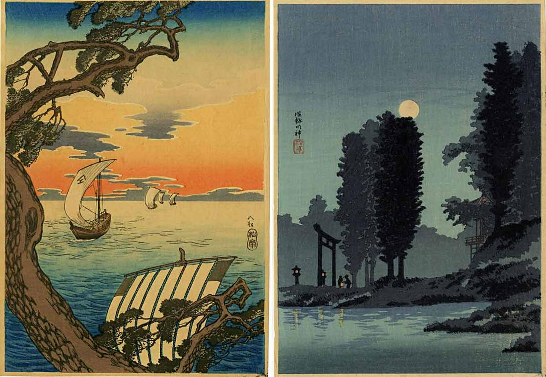 Shotei Takahashi: Lot of 2 Woodblock Prints: Lot of 2 Japanese Woodblock Prints, both published in 1936 by Shozaburo Watanabe, 1. Sailing Home at Sunset; 2. Moonrise at Tsukagoshi Myojin Shrine, both published by Shozaburo Watanabe SIZE IN INCHE
