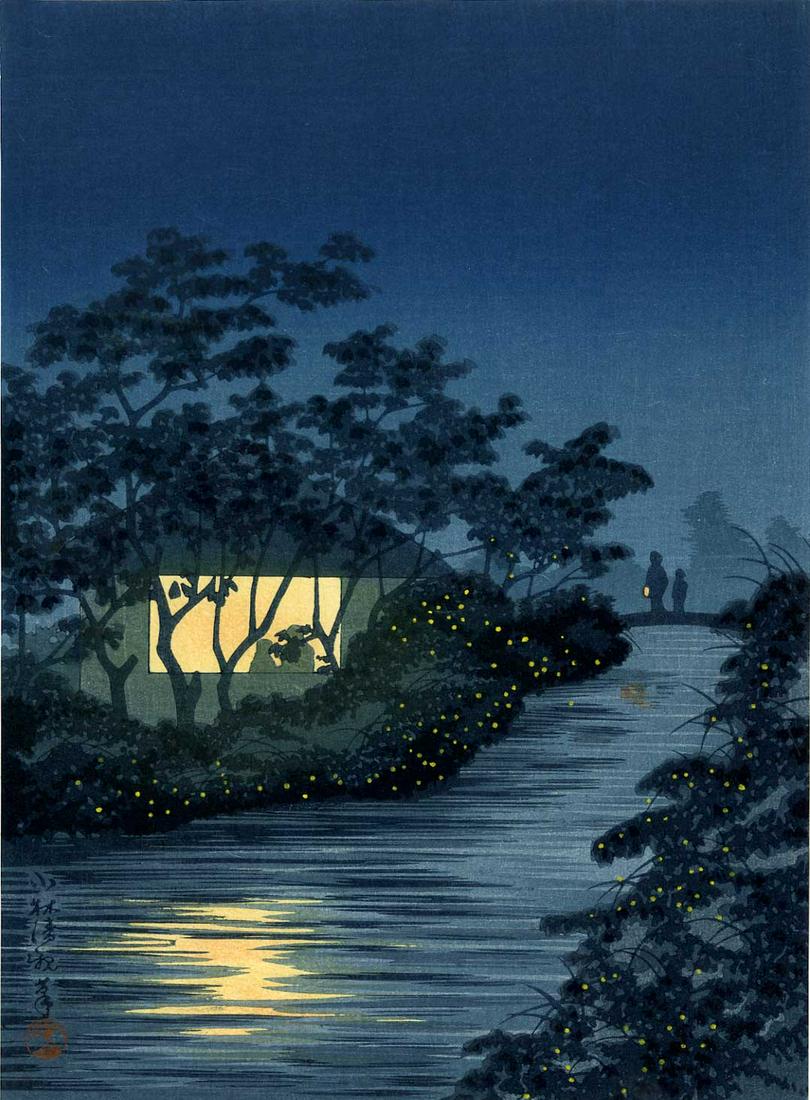 Kiyochika Kobayashi: River of Fireflies 1930 Woodblock: Japanese Woodblock Print, Fireflies at Kinu River at Tennoji, 1930 published by the Shima Art Co. SIZE IN INCHES: chuban, 7.4 x 10.25 inches PROVENANCE: From the Robert O. Muller estate. KOBAYASHI KIY