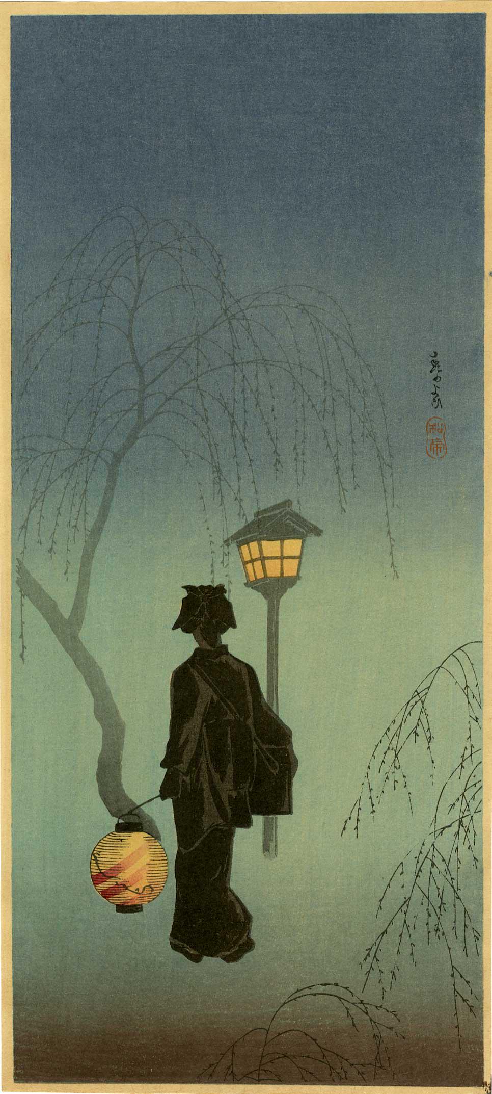 Shotei: Spring Evening 1936 Woodblock: Japanese Woodblock Print, Takahashi Shotei also called Hiroaki, 1936, published by Shozaburo Watanabe SIZE IN INCHES: ohosoban, 6.75 x 15 inches PROVENANCE: From the Robert O. Muller estate. TAKAHASHI