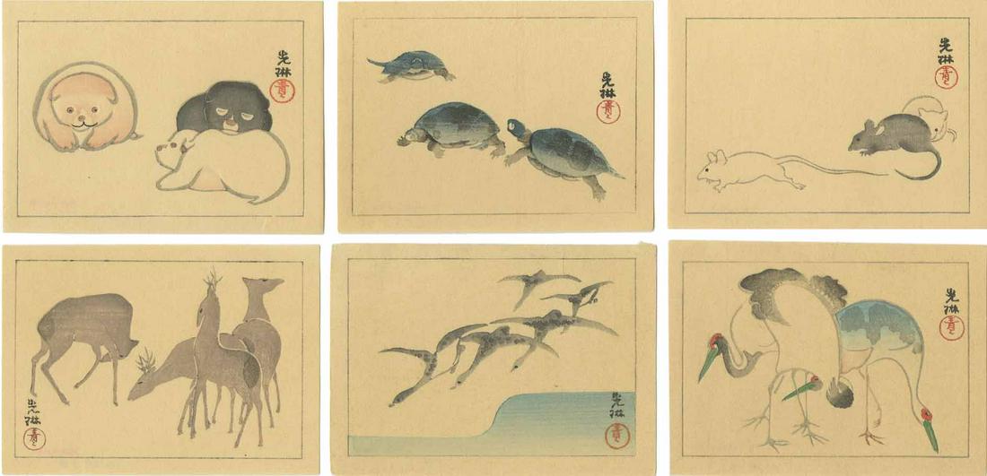 Korin Ogata: 6 Small Woodblock Prints: Japanese Woodblock Prints, 1920s published by Nishinomiya, (l to r from top) 1. Puppies, 2. Tortoises, 3. Mice, 4. Deer, 5. Geese, 6. Emperor Cranes SIZE IN INCHES: all approx. 4 x 3 inches PROVENANCE