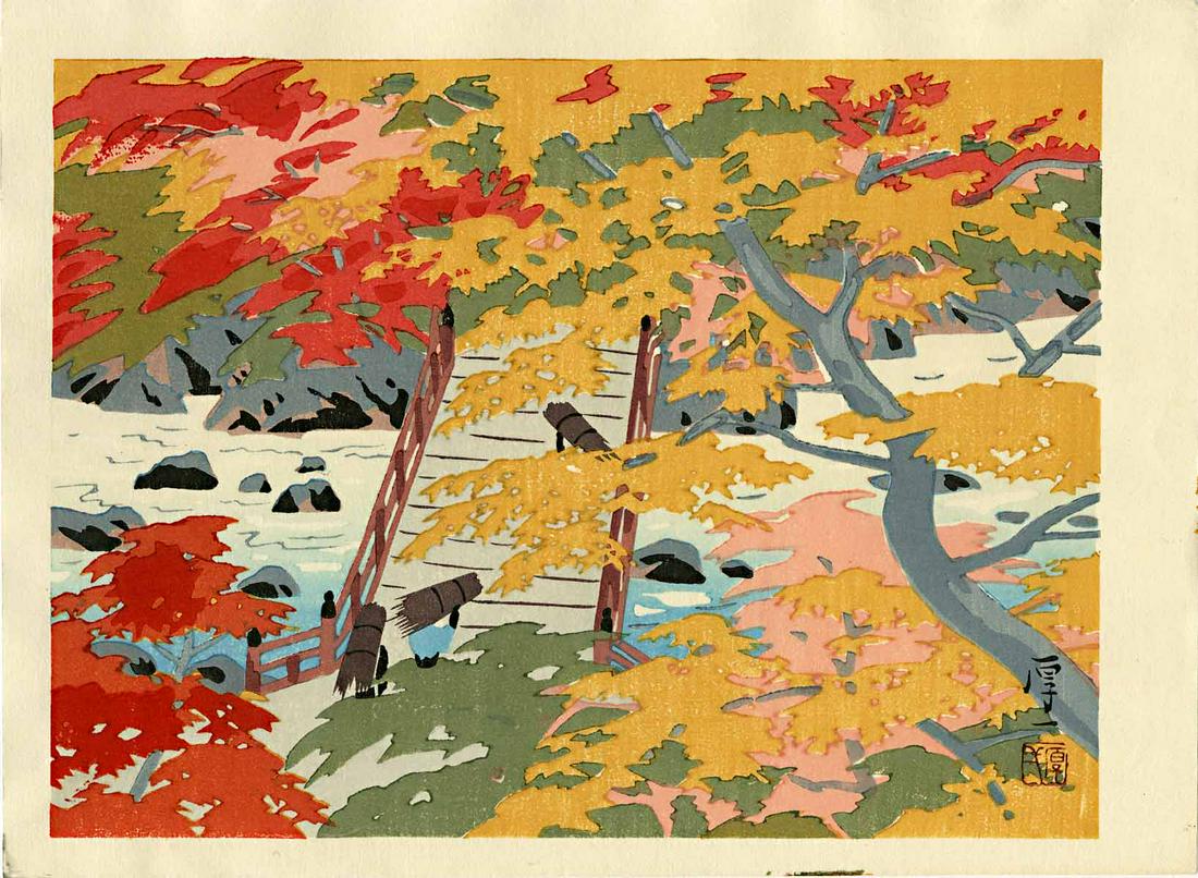 Koichi Okamura: Takao in Autumn Woodblock: 1950s published by Unsodo SIZE IN INCHES: chuban, 10.5 x 8 inches COMMENTS: Together with the willow and mountain laurel, the Takao maple tree is the Kyoto city tree and loved by its citizens. The Tak