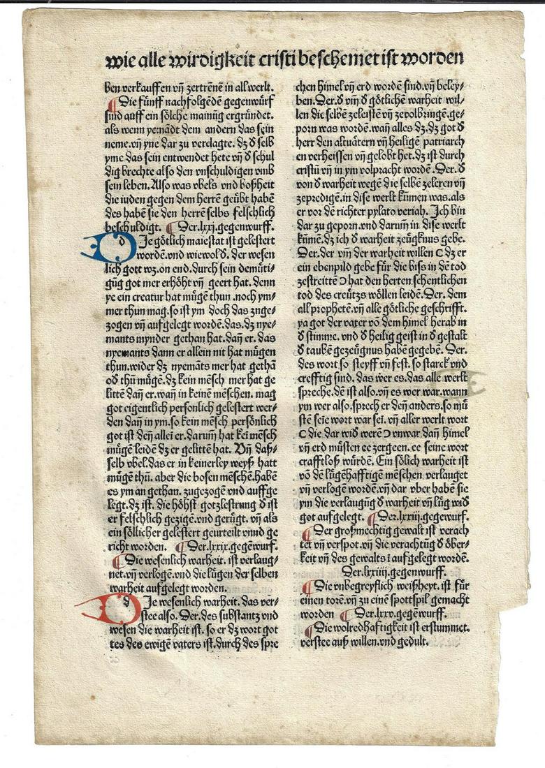 1491 Hand Colored Initials German Leaf Incunabula (1 of 2)