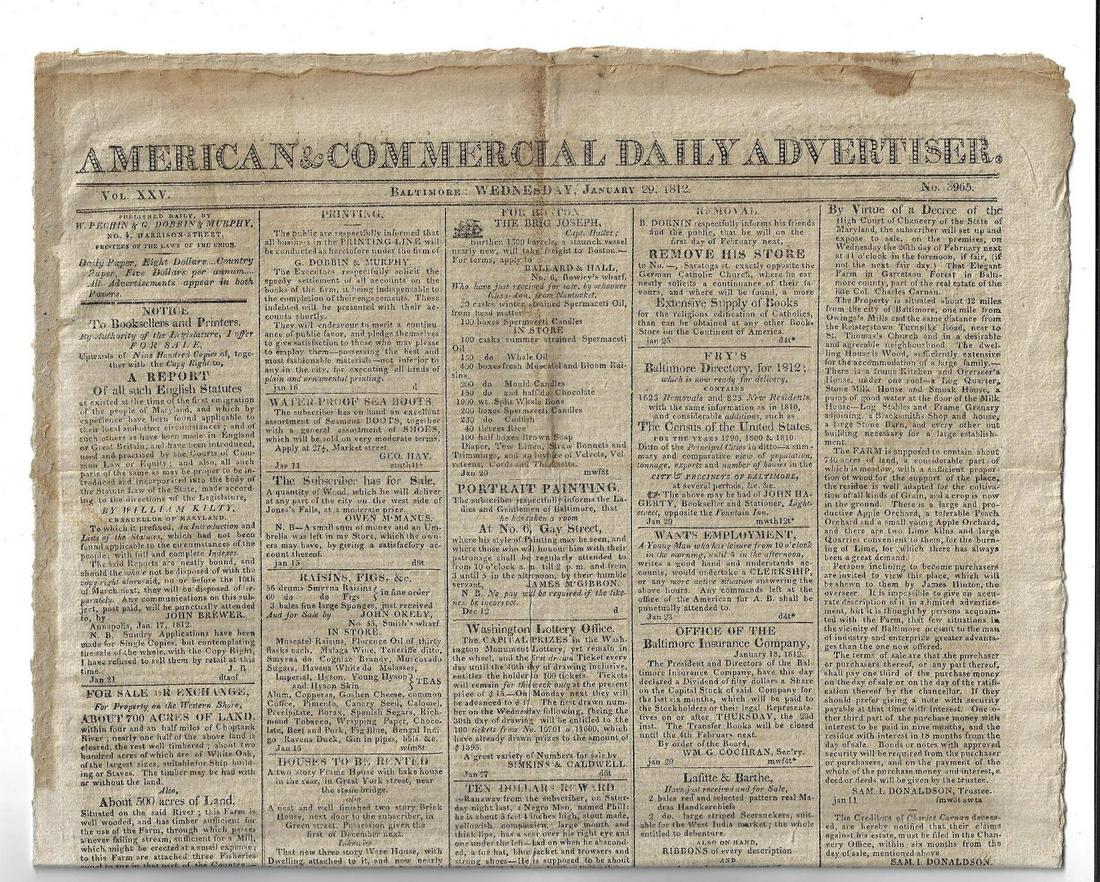 1812 Baltimore Newspaper Negroes for Sale: The January 29, 1812 issue of the "American & Commercial Daily Advertiser", published at Baltimore, four pages large folio complete. Includes the declaration of independence of the Indies at Carthagen