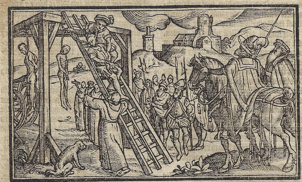 1577 Holinshed Leaf Woodcut of Hanging (1 of 2)