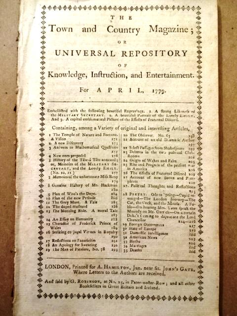 1779 Magazine Articles of Confederation American: The April 1779 issue of "Town and Country Magazine", printed at London for A. Hamilton, 56 pages and two engravings as called for. This issue with Rvolutionary War and printing of the Articles of Conf