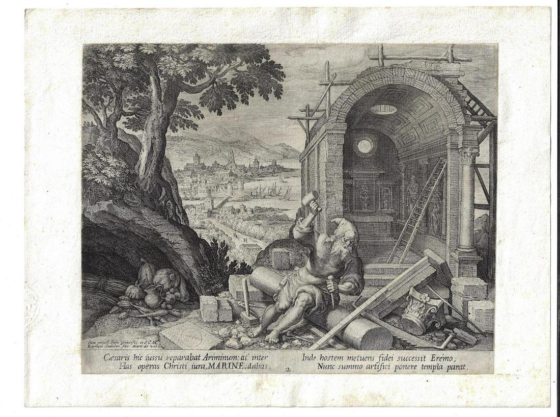 1600 Engraving Joannis Sadeler Hermit Marine: Engraving of Joannis Sadeler (1550-1600) after Martin de Vos (1532-1603), of Marone from the series “Oraculum Anachoreticum”. Venice. Mounted to paper. Fine. The image measures 8 x 7”. Reserve: