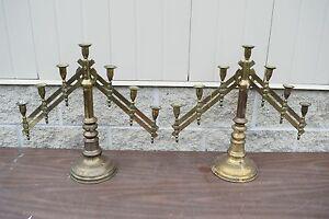 Pair of Brass 7 Light Altar Candelabra Candlesticks +: Here is a nice pair of brass 7 light Altar Candelabra Candlesticks as shown Fully Adjustable They are 18 3/4" tall (to middle socket) and 19 1/2" wide 7/8" Sockets Ready to use in your church or chape