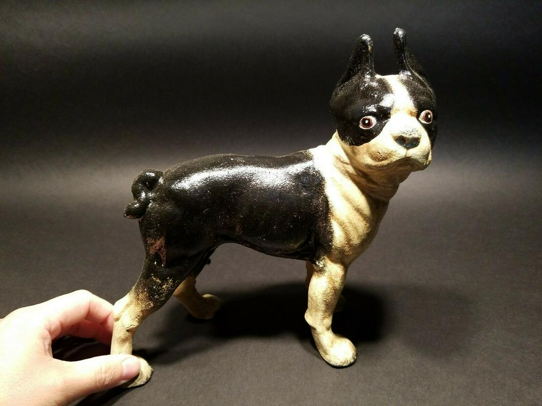 Cast Iron Boston Terrier Coin Bank Dog Statue: 10" Tall x 9" Long 8 lb 2 oz Great little reproduction cast iron dog. All cast iron, hand painted, slightly distressed as shown in the images. Certainly looks old! Reserve: $30.00 Shipping: Domestic: 