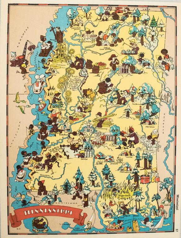 1938 R Taylor White Pictorial Map of Mississippi --: Title/Content of Map: 1938 R Taylor White Pictorial Map of Mississippi -- Mississippi Date: 1938, Boston Cartographer: Ruth Taylor White Size: 11.6 x 8.5 in. This is Ruth Taylor White's charming picto