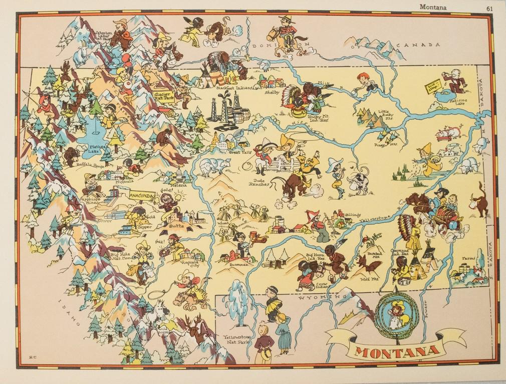 1938 R Taylor White Pictorial Map of Montana -- Montana: Title/Content of Map: 1938 R Taylor White Pictorial Map of Montana -- Montana Date: 1938, Boston Cartographer: Ruth Taylor White Size: 11.6 x 8.5 in. This is Ruth Taylor White's charming pictorial map