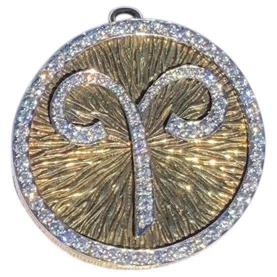 David Webb 18K YG Platinum 5.15 ctw Diamond Aries: Rare David Webb 18k yellow gold and platinum large Aries zodiac pendant/brooch. These pendants are highly collectible and extremely difficult to find. The diamond encrusted Aries symbol is mounted on