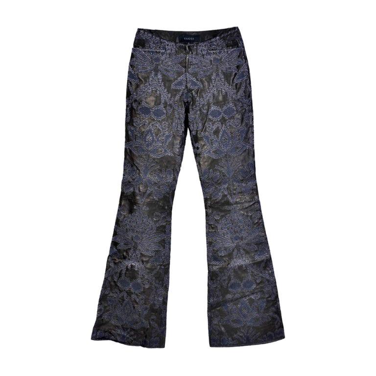 VINTAGE S/S 2000 TOM FORD for GUCCI EMBROIDERED LEATHER: GUCCI EMBROIDERED LEATHER PANTS Created by TOM FORD Collection: S/S 2000 Simply the best leather pants ever. IT Size: 44 Measurements: Total Length: 46 inches Waist: 28 inches Inseam: 36 inches Rise: