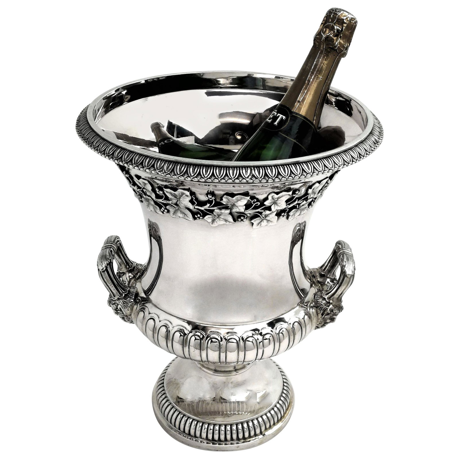 Large Solid Silver Champagne Wine Cooler Italian, circa: An impressive vintage Italian solid silver champagne cooler or wine ice bucket. This cooler has an elegant fluted shape withe a wide everted rim. The cooler stands on a pedestal foot and has two handl