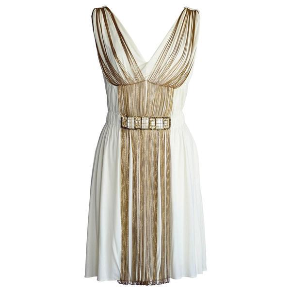Alberta Ferretti Dress Fine Draped Chain Rich Stone: Guaranteed authentic Alberta Ferretti ivory dress with delicate chains creating shape and accentuating the front. Stones at waist are set with fine 'rope' and edged in matte sequins. V shaped front an