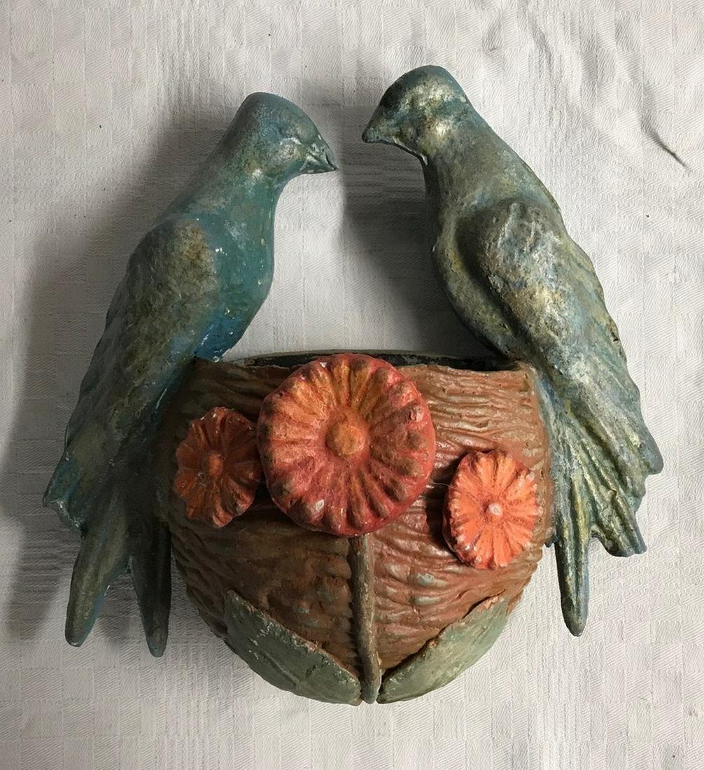 19th C Painted Earthenware Wall Pocket: Title: 19th C Painted Earthenware Wall Pocket Date/Period: 1870 Dimension: 9" by 9" by 4" Provenance:Painted buff colored earthenware. Molded and applied decoration. Possibly Shenandoah Valley. Shippi