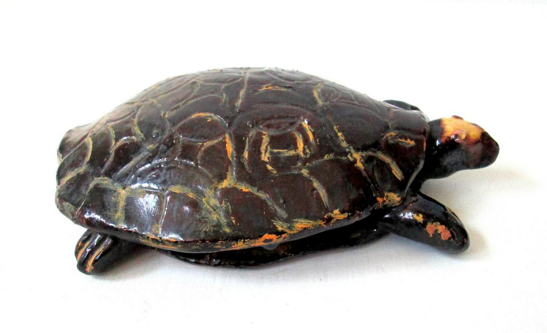 19th C Redware Turtle: Title: 19th C Redware Turtle Date/Period: C 1850 Dimension: 2”H X 8”W X 5 1/4”D Provenance:Rockingham type glazed redware, probably VT origin, hand formed, the shell a separate attached piece. S