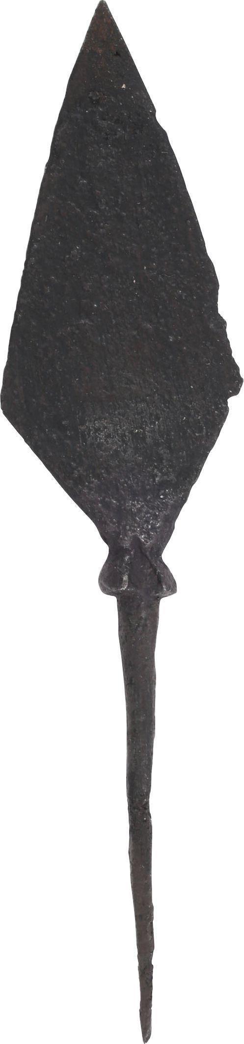 VIKING TANGED ARROWHEAD, 10th-11th CENTURY: 3 5/8” length, well forged iron with straight cutting edges and deeply angled bottom. Flared base with tapered tang. The point of particularly thin section which was characteristic of Viking arrows,
