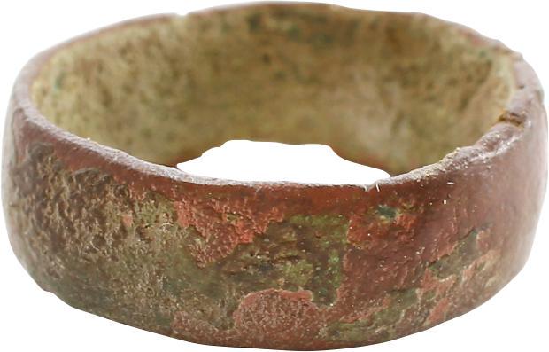 RARE COPPER VIKING RING, 900-1050 AD, SZ 2 ¼: No Reserve! Size 2 ¼ for the small finger as was the custom.. Broad width band, 5.1mm, with rounded face. Mottled green/brown patina with encrustation from burial. Vikings were expert metallurgists. 