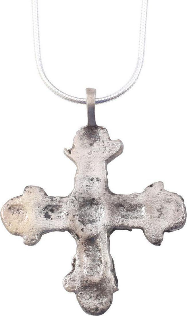 MEDIEVAL SPANISH CROSS C.1450-1650: Late Medieval/Colonial Period and through the Spanish Inquisition. Trefoil terminal beams with circle to the center. Professionally refurbished with the silver overlay restored, on a modern sterling s