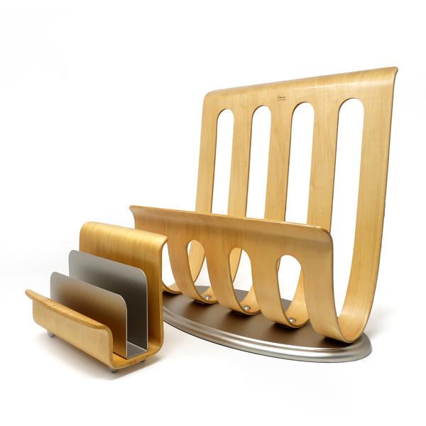 Michael Graves Bentwood Letter Organizer and Magazine: A set of Michael Graves-designed molded birch plywood and aluminum letter holder and magazine rack. In excellent vintage condition and both are signed. Reserve: $130.00 Shipping: Domestic: Flat-rate o