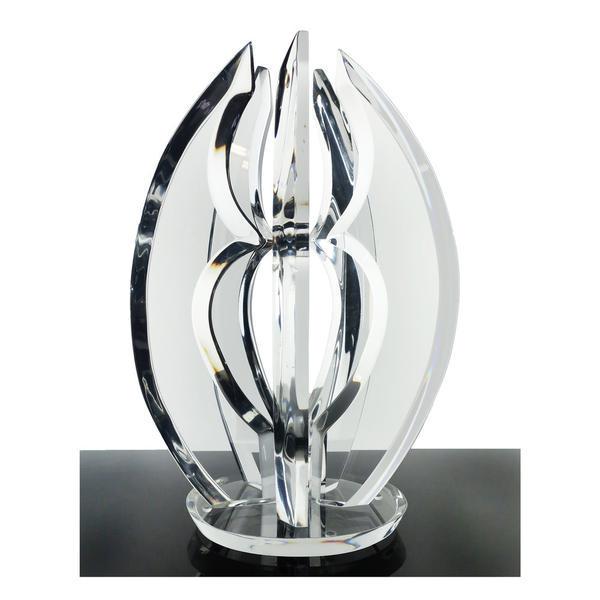 1970s Vintage Lucite Sculpture: A fantastic curved lucite sculpture in the style of Hivo Van Teal and Shlomi Haziza. Five identical beveled pieces mounted on a round base refract light and reflect colors to create an ever-changing o