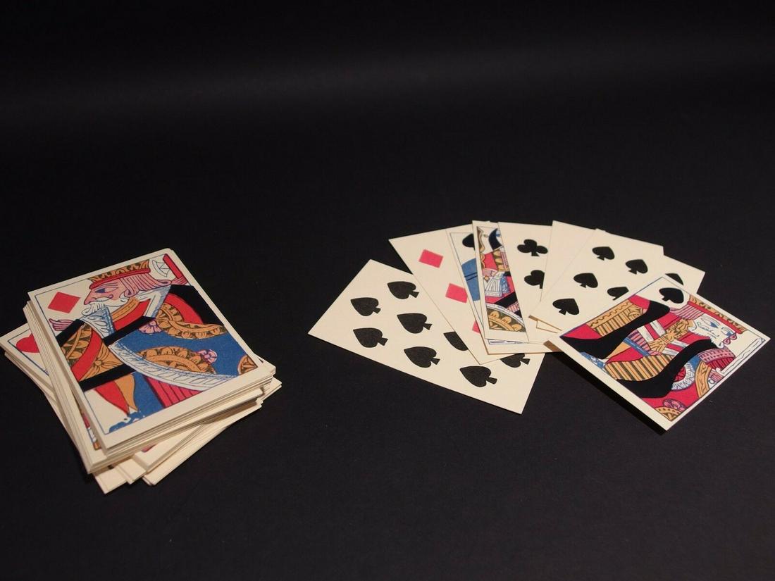 Colonial Deck of Playing Cards: 3 1/2" x 2 1/4" Wonderful set of antique reproduction colonial playing cards. As you can see these were made like the early versions with no numbers and a blank back. The cards are a nice antique yell
