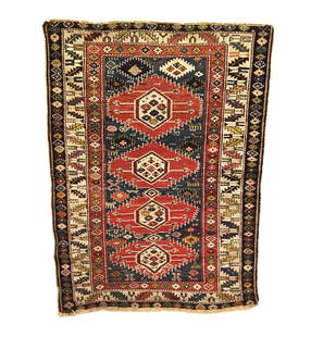 Antique Caucasian Karagashli Rug 3'8 x 4'11: This antique Caucasian rug was woven in the mid to late 19th century and features four electric medallions enclosing hexagonal floral design with extending birds float on a deep blue background.