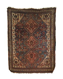 Antique Distressed Persian Qashqai Rug 4'2 x 5'7: This antique Qashqai rug was woven in the mid to late 19th Century. It features three stepped hexagonal medallions that connect to make a totem like tree design with an intricate abstract drawing