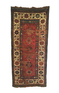 Antique Distressed Caucasian Kazak Long Rug 4'2 x 9'0: This antique Caucasian long rug runner was woven in the mid 19th Century. It features six alternating blue and white checkered diamond motif with radiating bird head ornaments. Interspersed are a