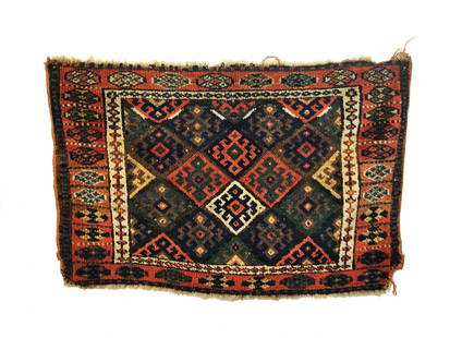 Antique Persian Kurdish Square Rug 1'10 x 1'9: This antique Persian Kurdish (bagface) small square rug was woven in the late 19th Century with a classic 'Jaf/Jaff' style weave. This piece features diamonds formed from bird/latch-hook ornaments