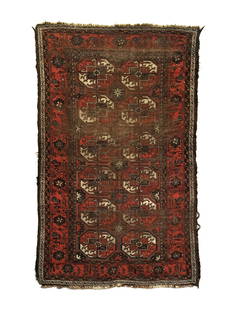 Antique Distressed Baluch Long Rug 4'0 x 6'6: This Antique Baluch long rug was woven in the early 19th Century featuring a distressed look from its age. It exhibits two rows of six unusual octagonal 'turkmen' type gul designs not usually found
